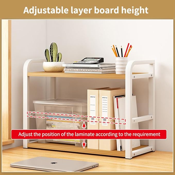 Office Desk Shelf Organizer, Wood Desktop Bookshelf Supplies Storage Rack, Shelf for Top of Desk and Dresser and Cubicle Decor Aesthetic Bookshelf (White Wood-Two Tier)