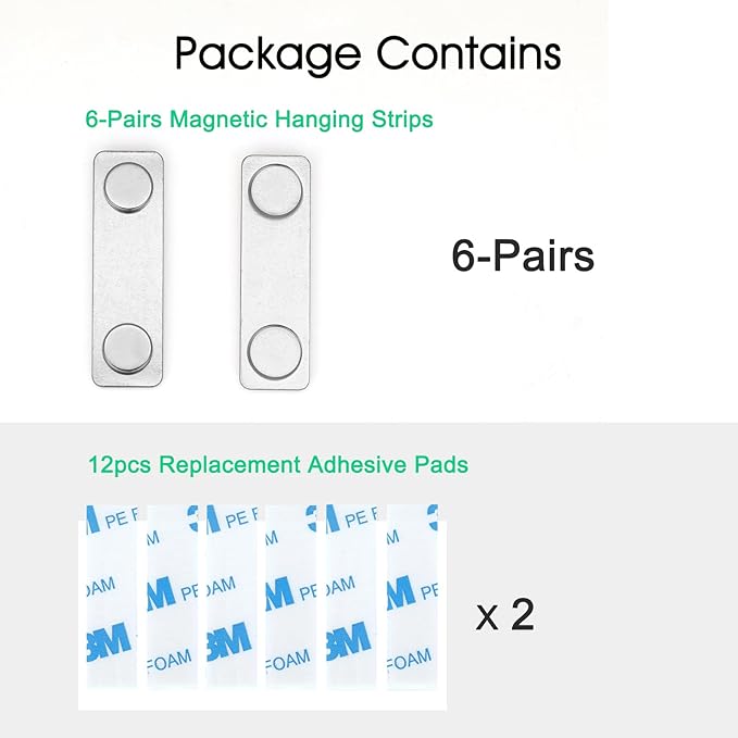6-Pairs Magnetic Picture Hanging Strips, Magnetic Fixator Removable and Damage Free, Adhesive Strips for Frame Hanging and Home Decorations
