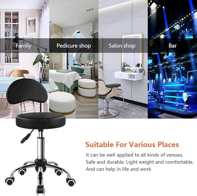 KKTONER Rolling Stool with Mid Back Height Adjustable Chair PU Leather Swivel Chair with Wheels for Office Home Task Drafting (Black)