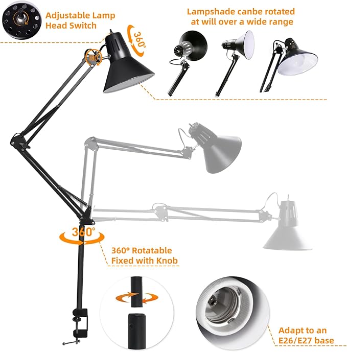 2 Pack LED Desk Lamp With Clamp for Office Home, Eye-Caring Desk Light with 360°Adjustable Extra Tall Metal Swing Arm, High Intensity Clamp w/A19 E26 Bulb for Working Reading, Table Lamps White/Warm