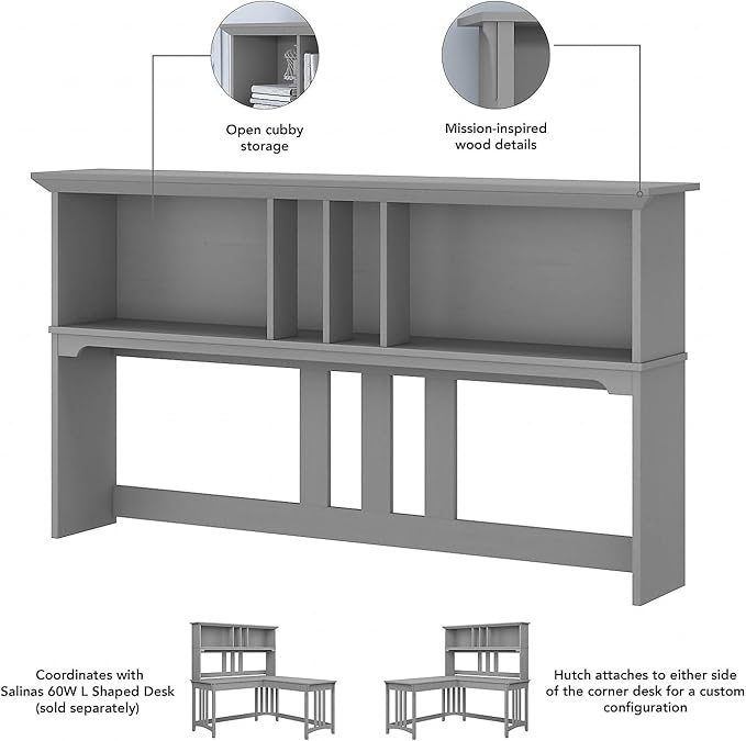 Bush Home Salinas 60W Hutch for L Shaped Desk in Cape Cod Gray