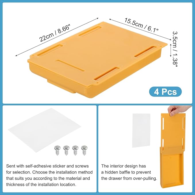PATIKIL Under Desk Drawer, 4 Pcs Under Table Storage Self-Adhesive Attachment Drawers Organizer for Pens Standing Desk Office Studio Home, Yellow