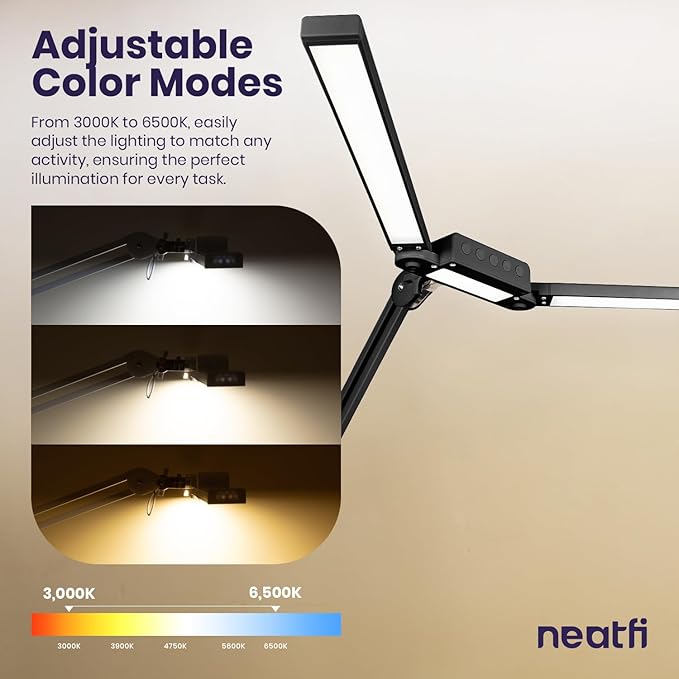 Neatfi LED Desk Lamp | 3,000 Lumens | Dimmable 30W Desk Light | 360 SMD LEDs | CRI 95 | Adjustable Color Temperature | Task Lamp for Home, Office, or Workbench (Black, 41-Inch, CCT with Clamp)