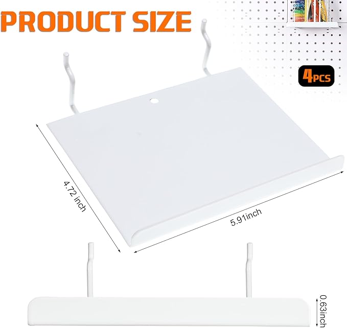 Beeveer 4 Pcs Pegboard Shelves Wall Organizer Brackets Pegboard Steel Tray Accessories Organizing Tools for Craft Garage Nursery Workbench Kitchen(5.91 x 4.72 x 0.63 Inches,White)