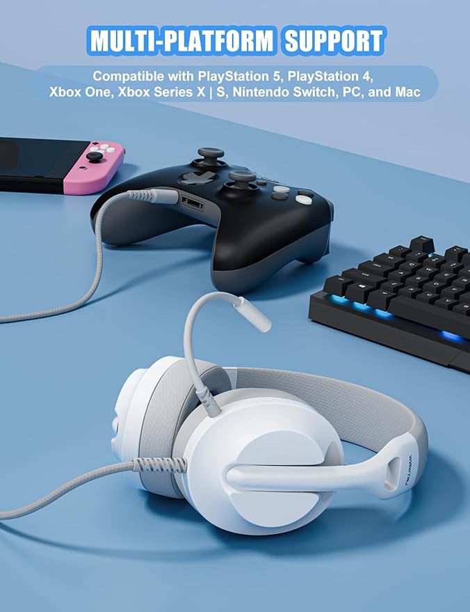 WIRWTRU S30 Gaming Headset with Microphone,198g Lightweight Design, Wired Gaming Headphones for Xbox, Xbox Series X|S, PS5, PS4, Switch, PC, Noise Cancelling Mic, Soft Earmuffs (White)