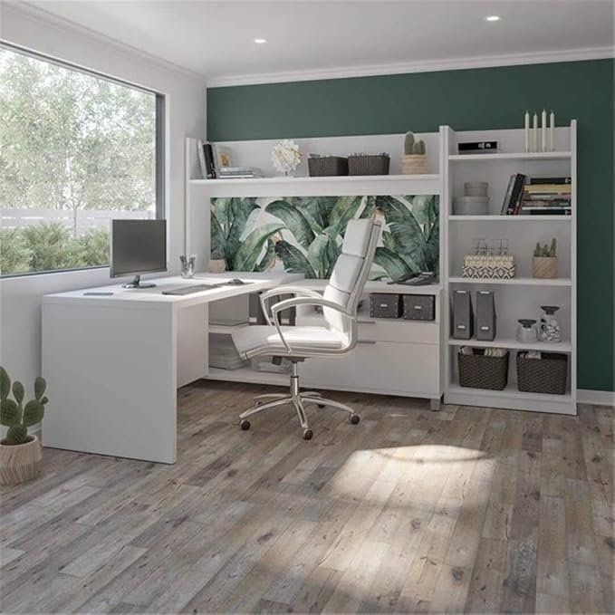 Scranton & Co L-Shaped Home Office Desk with Bookcase, White Finish, Corner Workspace and Storage Solution, Spacious Desktop, Integrated Shelving, Versatile Design for Office, Study, or Bedroom