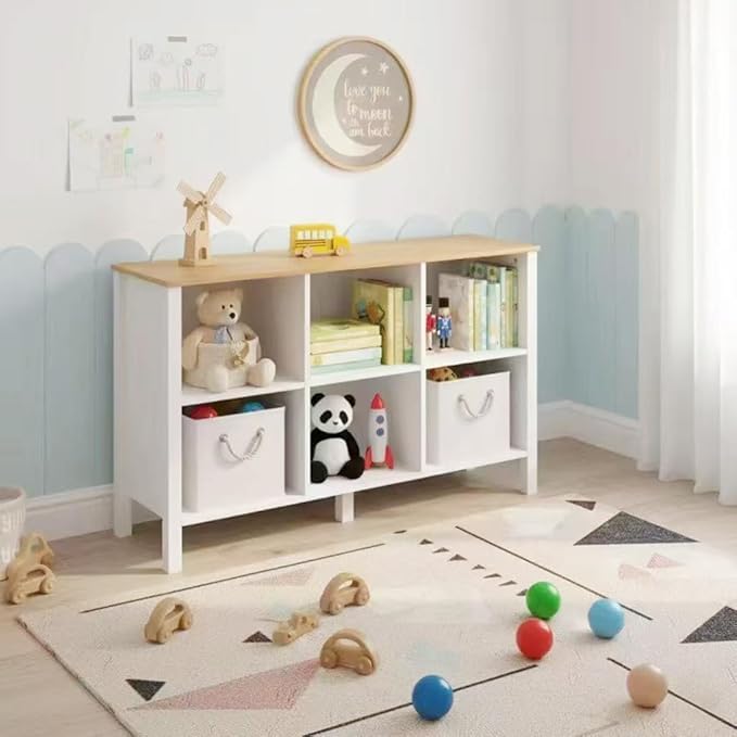 6-Cube Bookcase, Farmhouse Wooden Bookshelf Low Storage Organizer, 45" Horizontal White Console with Legs, Hallway Book Case for Entryway, Display Cabinet for Living Room (White, 6-Cube)