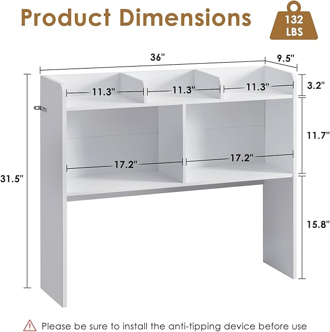 Nromant Desktop Bookshelf, Wooden Desk Storage Hutch with 5 Shelves, 3-Tier Desktop Display Organizer Rack for Office Home (White, 5 Shelves B)