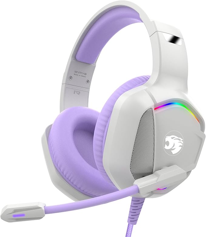 Gaming Headset with Microphone for Pc, Xbox One Series X/s, Ps4, Ps5, Switch, Stereo Wired Noise Cancelling Over-Ear Headphones with Mic, RGB, for Computer, Laptop, Mac, Nintendo (Purple)