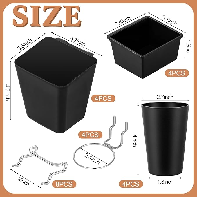 Jinei 12 Pcs Pegboard Bins and Cups with Hooks and Loops Peg Assortment Organizer Accessories Various Tool Organizer Pegboard Basket Set for Garage Workshop Workbench Office(Black)
