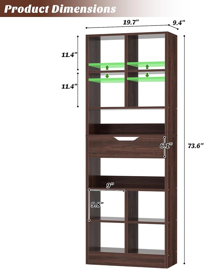 Armocity 8-Tier Tall Bookshelf with Drawer, 73.6" Narrow Freestanding Bookcase, Space-Saving Wood Display Shelves Storage for Living Room, Home Office Bedroom, Black Walnut