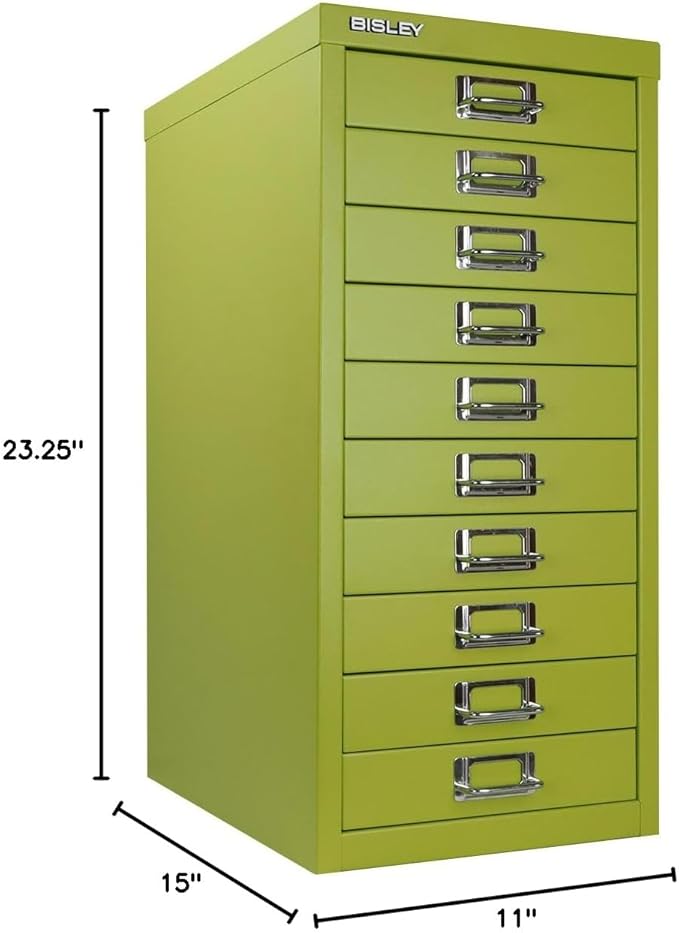 10-Drawer Steel MultiDrawer Cabinet - Bisley Green, Chrome Pull Handles with Label Holders, Powder-Coated Steel, Removable Drawers, Fits Under Most Desks, Labels Included by Bisley