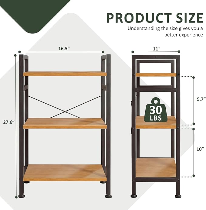 3 Tier Bookshelf, Free Standing Wooden Bookcase with Open Storage Shelves with Metal Frame, Sturdy Shelf Organization Display Rack for Living Room, Bedroom, Home Office, 27.6" Tall, Wood