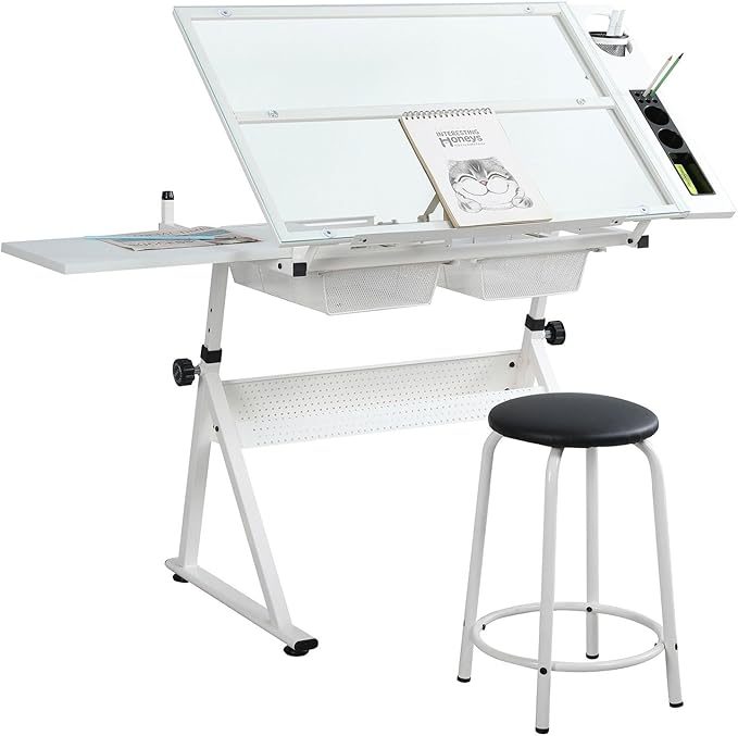 Drafting Table with Stool, Modern Adjustable Tempered Glass Printing Artwork Desk for Art Studio Home Office School
