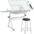 Drafting Table with Stool, Modern Adjustable Tempered Glass Printing Artwork Desk for Art Studio Home Office School