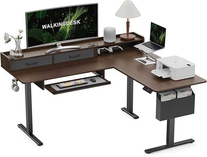 WALKINGDESK 63 Inches Height Adjustable L Shaped Standing Desk with 2 Drawers and Keyboard Tray, Electric Sit to Stand Home Office Comupter Table, Ergonomic Corner Gaming Desk, Black Walnut