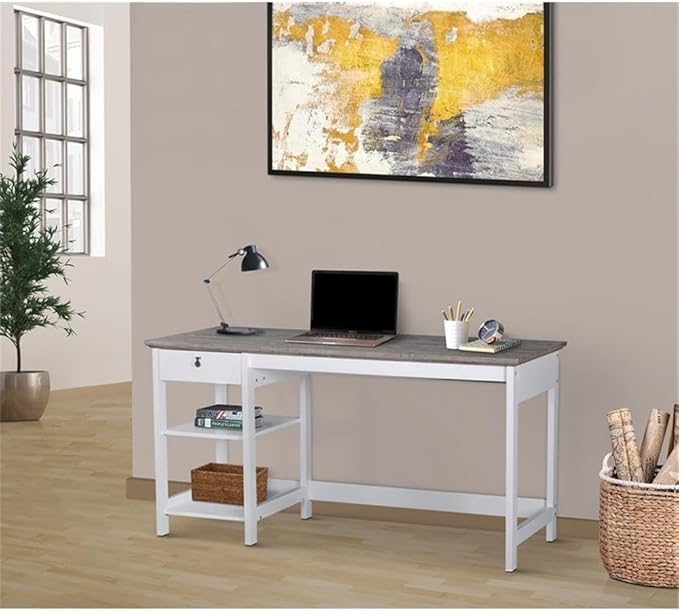 Pemberly Row Set of 2 59" Writing Desk & Lateral File Cabinet in White/Gray Oak