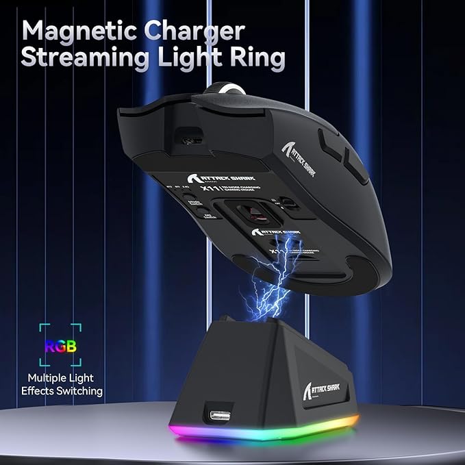 ATTACK SHARK X11 Ultra-Light Triple Mode Gaming Mouse PAW3311 Optical Sensor 22K DPI 5 programmable Buttons with Magnetic Charging Stand for PC/Mac Black