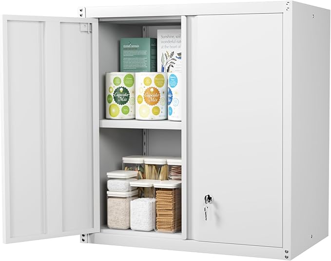 Metal Storage Cabinet with Lock, Kitchen Cabinets Wall Mounted, Steel Wall Cabinet with Doors and Shelves, Hanging Cabinet for Laundry, Pantry, Home Office, White
