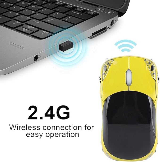 ASHATA 2.4G Wireless Mouse Car Mouse with USB Receiver, Cute 1600DPI Optical Computer for PC Laptop Tablet, Compatible with Wins /7/ME/2000 & for OS - Yellow