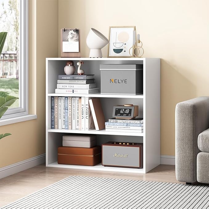 NELYE Basic Open Shelf Bookcase - 3-Tier Wooden Cube Storage Shelves Split Bookshelf, White