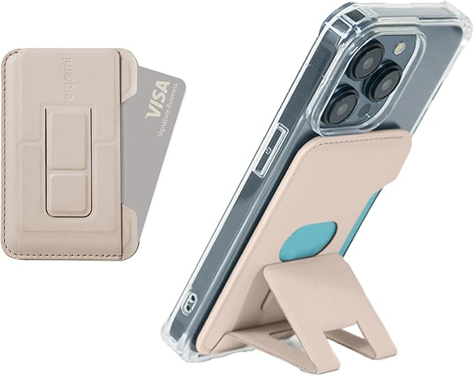 MagSafe Wallet Stand for iPhone 16/15/14/13/12, Magnetic Card Holder with Adjustable Multi-Angle Kickstand, Side-Opening Card Slot, Dual Magnetic Rings, – Beige