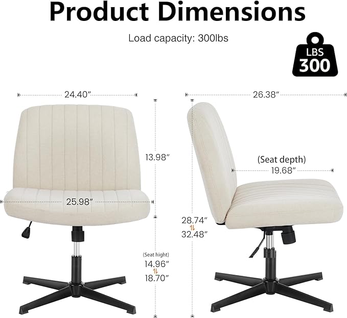 DUMOS Criss Cross Chair Legged Office Wide Comfy Desk Seat, No Wheels Armless Computer Task Seating, Swivel Comfy Vanity Fabric Modern Home Height Adjustable