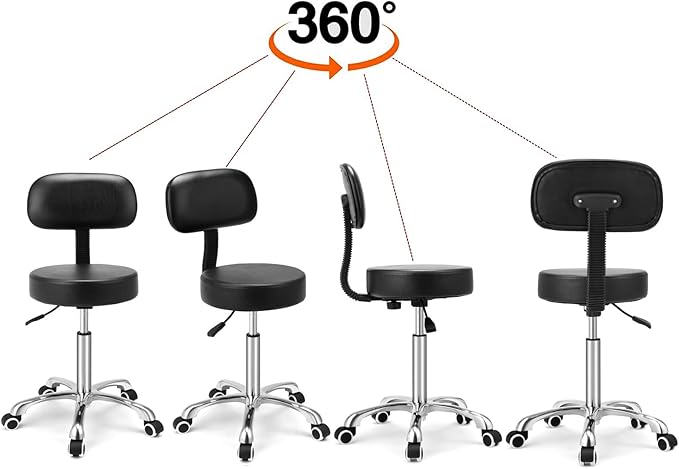 Kaleurrier Rolling Swivel Adjustable Heavy Duty Drafting Stool Chair for Hair Beauty Salon Medical Barber Office Home Kitchen Uses,with Wheels and Back (Black)
