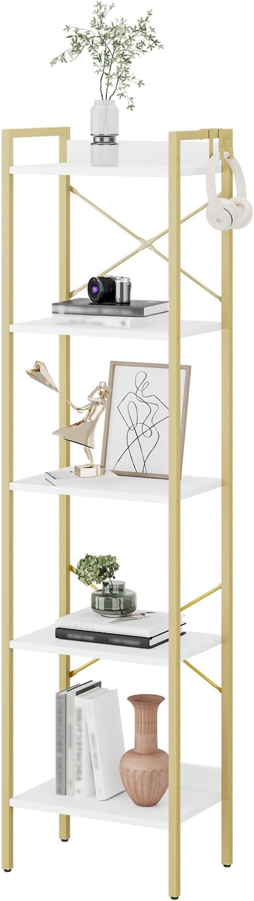 Hzuaneri Bookshelf, Book Shelf, Industrial Bookcase with 2 Hooks, Coner Shelf Storage Organizer for Home Office, Living Room, Bedroom, Kitchen, 5-Tier White Gold BC10513G