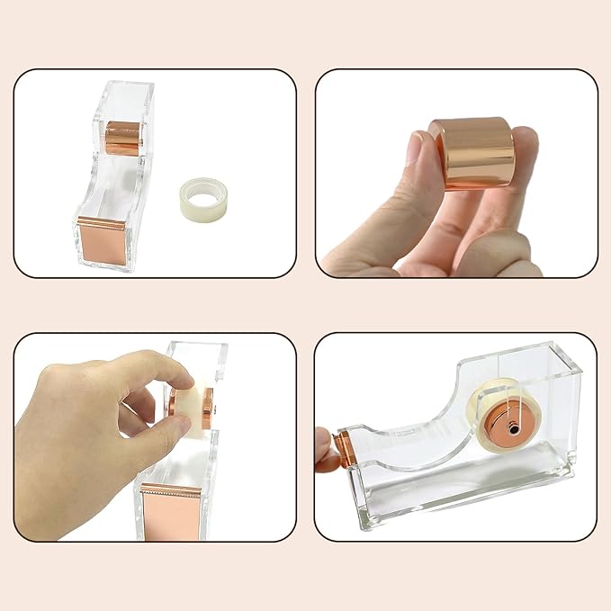 Gold Tape Dispenser, Clear Acrylic Desk Tape dispensers with Serrated Metal Edge, Modern Aesthetic Office & Craft Tape Organizer for Gift Wrapping, 1 Inch Core, Non-Slip Weighted Base
