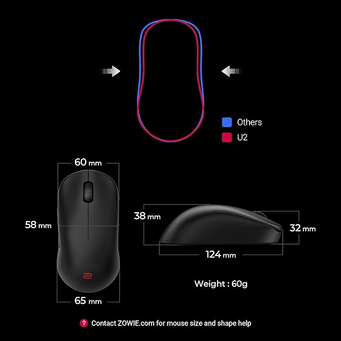 BenQ Zowie U2 Wireless Gaming Mouse | Esports, Sport Science | Enhanced Receiver | 60g Lightweight | 3200 DPI Sensor | 5 Buttons | 70 Hr Battery Life | Driverless