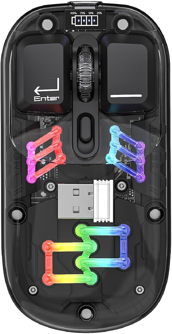 Wireless Bluetooth Mouse, Transparent BT + 2.4G Dual-Mode Mechanical Mouse with Magnetic Top Cover, Rechargeable RGB Backlit Gaming Mouse for Gaming/Esports/Desktop/Laptops/Tablets (Black)