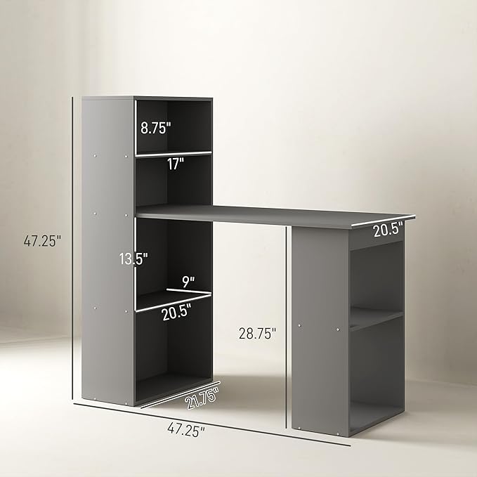 HOMCOM Modern Home Office Desk with 6-Tier Storage Shelves, 47" Writing Desk with Bookshelf, Gray