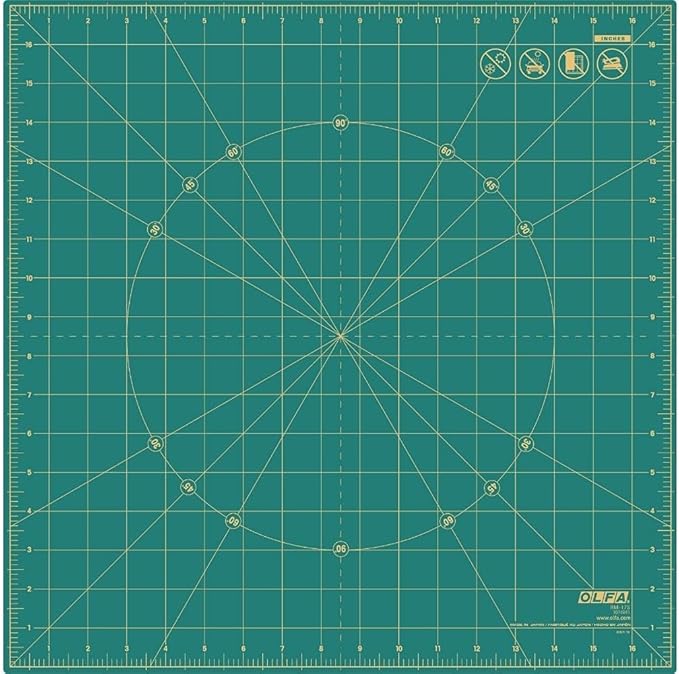 OLFA 17" x 17" Rotating Cutting Mat (RM-17S) - Self Healing 17x17 Inch Square Rotary Mat with Grid for Quilting, Sewing, Fabric, & Crafts, Rotates 360 Degrees, Use with Rotary Cutters (Green)