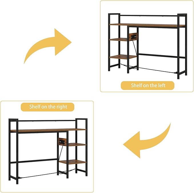 Book Shelf with 3 Tier Open Shelf, Bookcase with Light Strip and Outlet, Bookshelf & Desk Shelfs for Computer Desks, Desk Hutch Bookshelfs for Home Office Adjustable Desktop Shelf Rustic Brown