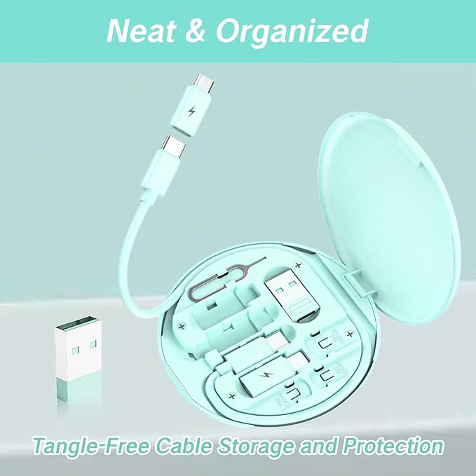 9 in 1 Cable Case USB Adapter Cable Conversion Storage Box USB Type C to Micro USB/Lightning/USB A Cable Data Transfer Tool Contains Sim Card Slot Tray Eject Pin Use as Phone Holder (Green)