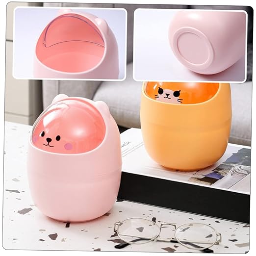 Luxshiny Cute Bear Desktop Trash Can Lid Mini Plastic Wastebasket for Home and Office Slim Garbage Bin for Bedroom and Desk