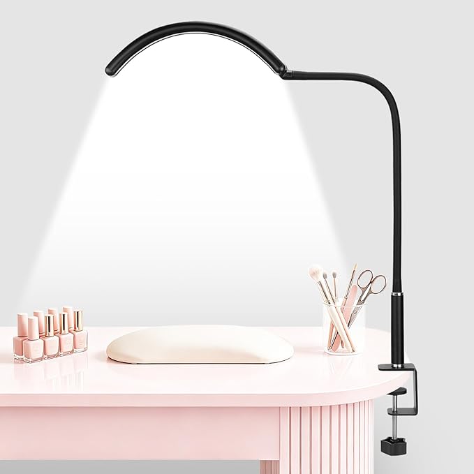 Half Moon Light for Nail Desk, Dimmable Lamp with Clamp for Manicure, Nail Techs, Study, Work, Jewelry, Tattoo. Shadowless Eye-Care Light for Reading, Art, Crafting, Sewing, Painting, DIY.Space-Saving