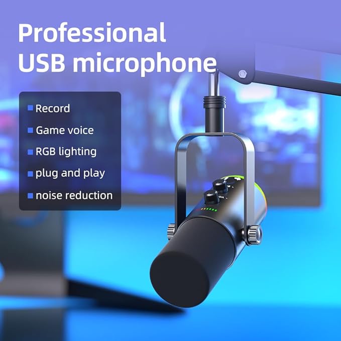 USB/XLR Desktop Dynamic Microphone with RGB Lighting, Noise Reduction, Mute Button & Headphone Jack - Podcast, Gaming, Streaming Mic for PC & Computer (Black)