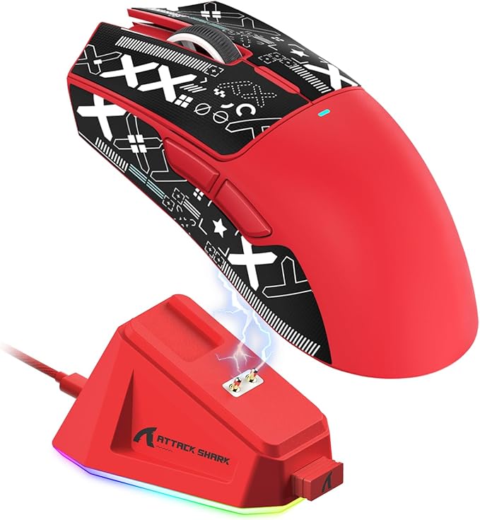 ATTACK SHARK X11 Ultra-Light Triple Mode Gaming Mouse PAW3311 Optical Sensor 22K DPI 5 programmable Buttons with Magnetic Charging Stand for PC/Mac Red&Sticker