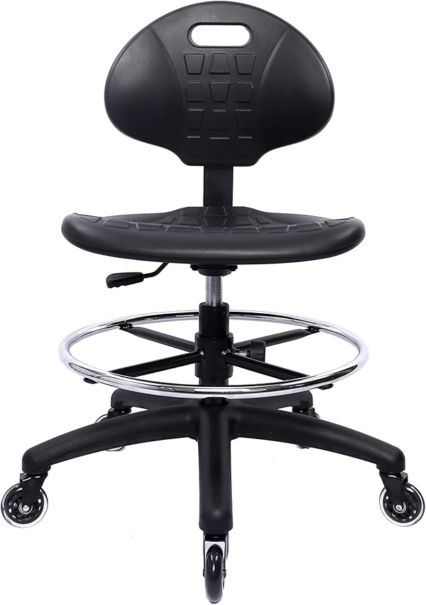 Chair Master Drafting Stool - Easy to Clean! Ergonomic Polyurethane Chair. Seat Height Adjustable w/Heavy Duty Footring for Home, Automotive, Lab, Cleanroom (Soft Roller Blade Casters, Medium Stool)