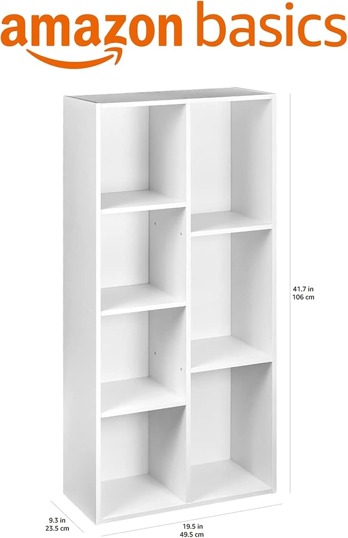 Amazon Basics 7 Cube Organizer Bookcase, Storage Shelf for Home and Office, Display Storage Organizer, Sturdy with Easy Assembly, 9.25"D x 19.49"W x 41.73"H, White