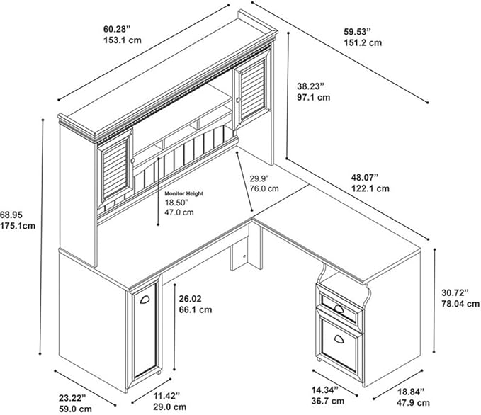 Bush Furniture L Shaped Desk with Hutch, Drawers and Storage Cabinet Fairview Collection Corner Computer Table for Home Office with Pewter Accents 60Wx60Dx69H