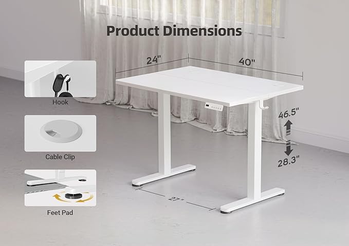 YDN Electric Standing Desk, 40 x 24 Inches Adjustable Height Stand up Desk with Cable Management, Home Office Desks with Splice Board & Frame, Cool White