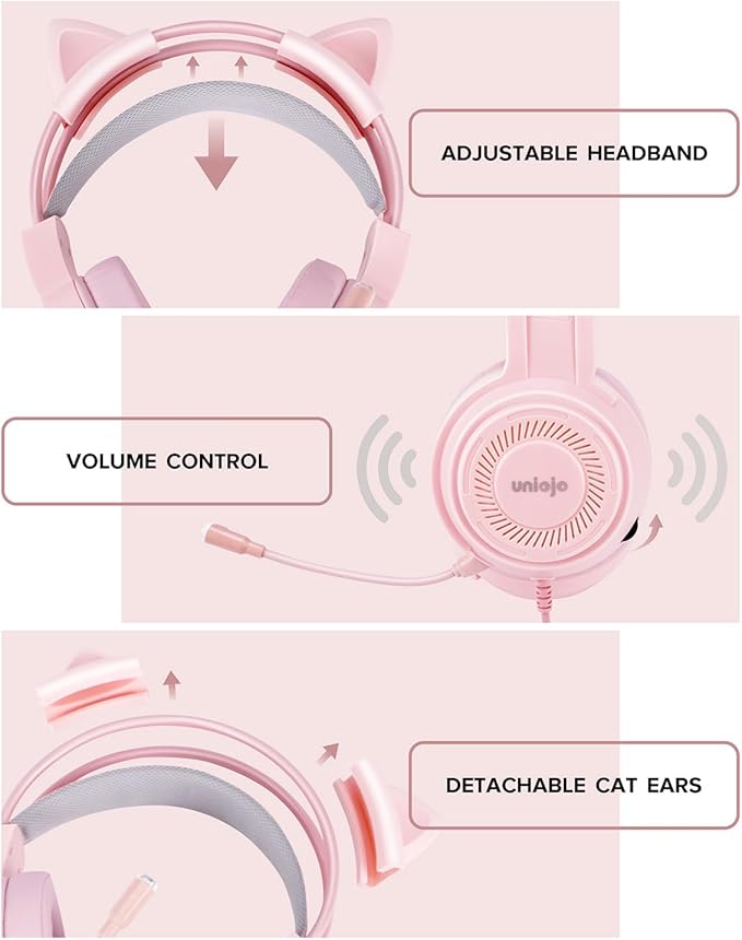 Upgraded Pink Gaming Headset for PS4, PS5, Xbox One, PC, Switch, Laptop, Mobile – Cat Ears, Noise-Canceling Mic, 7.1 Surround Sound, LED Light, Soft Memory Earmuffs for Ultimate Comfort