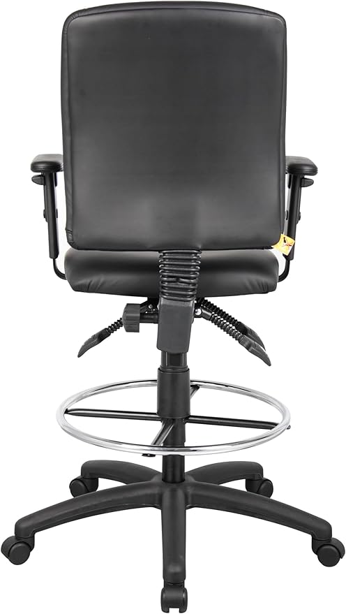Pemberly Row Multi-Function Leather Drafting Stool, Adjustable Arms, Black Upholstery, Chrome Footring, Hooded Casters, 48" H x 27" W x 35.5" D, Ergonomic Office Chair for Workspace or Studio Use