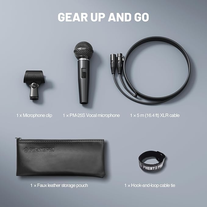 Phenyx Pro Dynamic Vocal Microphone, Cardioid Microphone with ON/Off Switch, 16.4 ft XLR Cable, Mic Clip, Storage Bag, Wired Handheld Mic for Singing, Stage, Studio, Karaoke (PM-25S)