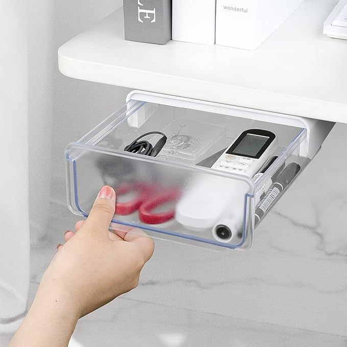 yuntop 1 Pcs Under Desk Drawer, Under Table Hidden Organizer, Plastic Self-adhesive Slide out Under Desk Storage Drawer for Office Dresser Home School Stationery Kitchen (White)