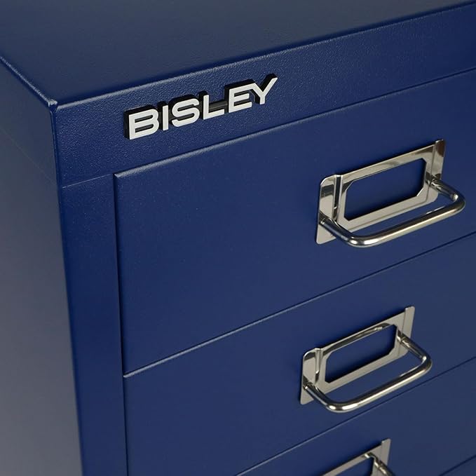 Bisley 3-Drawer Steel MultiDrawer Cabinet - Oxford Blue, Chrome Pull Handles with Label Holders, Powder-Coated Steel, Removable Drawers, Desktop Storage, Labels Included