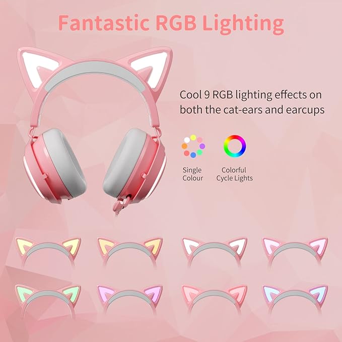 EASARS Pink Gaming Headset GS510, Wired, Over Ear, Cat Ear Design with RGB Lighting, 7.1 Surround Sound, Retractable Mic, Compatible with PC, PS4, PS5